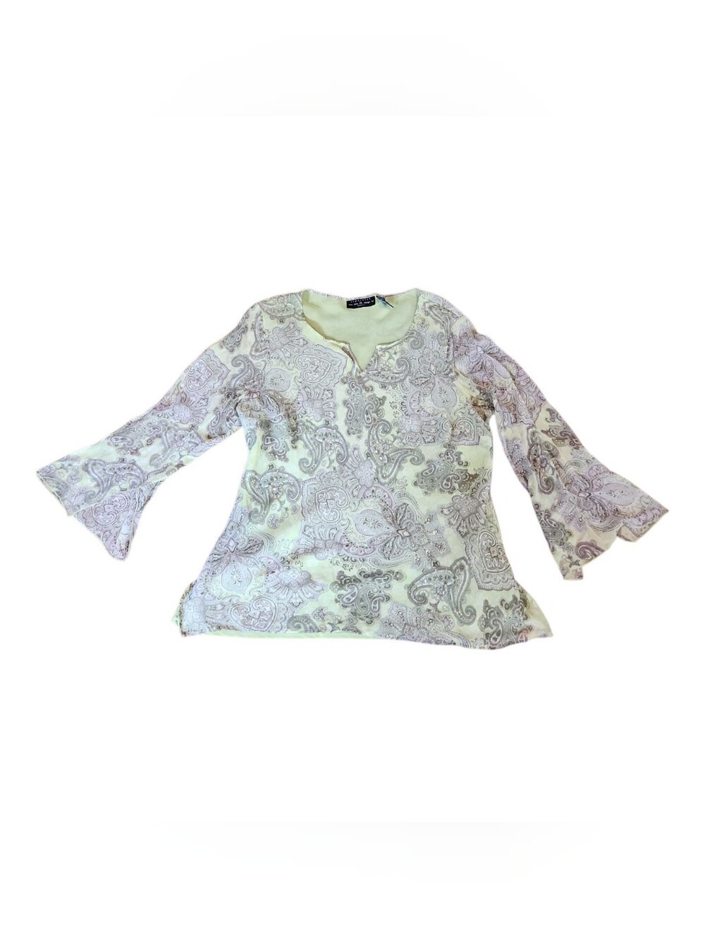 Y2K  Silk Paisley Boho Bell Sleeve Blouse Top‎  Green Fairy Grunge Size Large